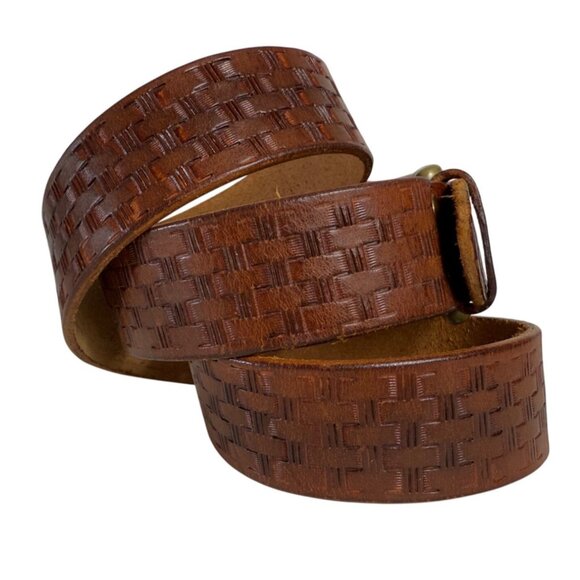 Rugged Basket Weaved Embossed Belt Leather Size XL Cowgirl Western Brass Buckle - Picture 3 of 9